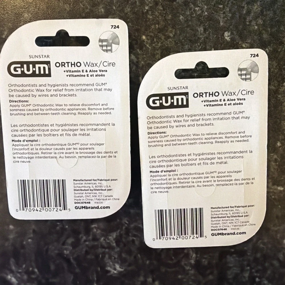 x2) GUM ORTHO WAX w/Vitamin E & Aloe Mint Precut Wax
